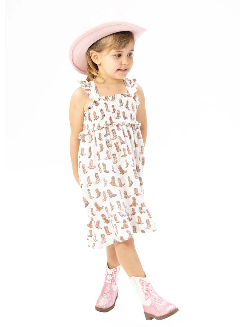 Angel Dear Smocked Ruffle Sundress Pink Cowgirl Boot Print 2T 3T 4T 5-6